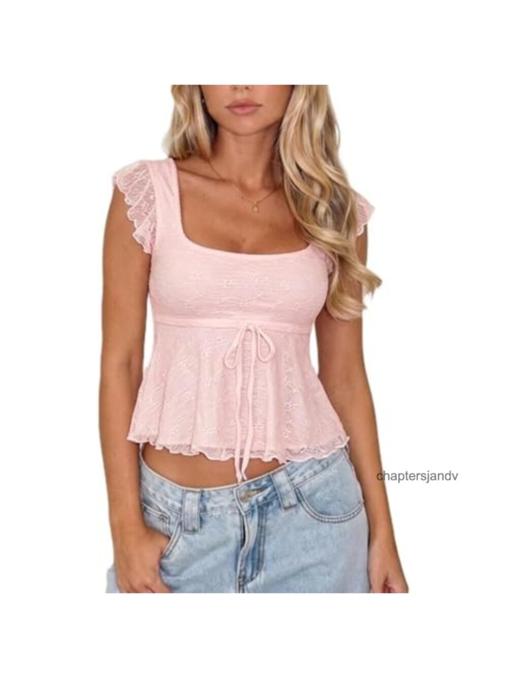 Y2K Lace Babydoll Top Square Neck Ruffle Cap Sleeve Peplum Blouse Drawstring